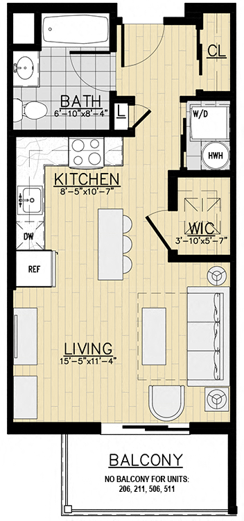 Floor plan for studio, 1 bath, 475 sqft